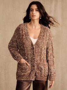 Anewsta V-Neck Loose Knit Mid-Length Cardigan, Coffee Color - Camel - View 5