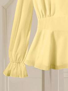 Franclia Elegant V-Neck Ruched Waist Front Button Long Sleeve Blouse With Ruffle Cuff, Spring/Autumn - Light Yellow - View 4