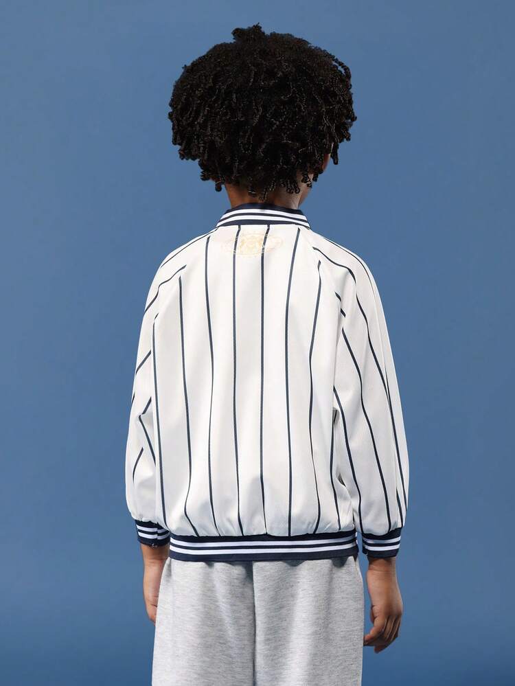 Striped Baseball Bomber Jacket With NY Logo And Ribbed Trim