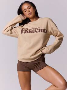 Musera Sport Sport "Padel Club" Graphic Print Oversized Sweatshirt Casual Lounge Active Workout Gym Back To School Winter - Khaki - View 1