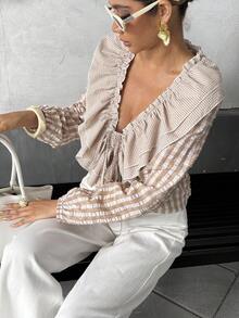 Pariaura Blusa de mujer vintage francesa de seersucker con estampado de cuadros, camisa marrón, camisa caqui, top marrón, para salir, top para salir, blusa elegante de mujer, vestido elegante de mujer, otoño de mujer, invierno de mujer, casual de negocios de mujer, elegante de mujer, blusa con volantes - Caqui - Ver 5
