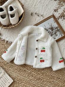 SHEIN 女婴厚羊毛刺绣花领长袖夹克，秋冬 - 白色 - 查看 4