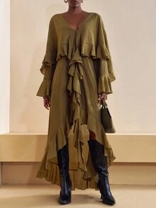 Veslaya Váy xòe bồng bềnh Bohemian cỡ lớn đầu xuân 2026 mới - xanh quân đội - Xem 6