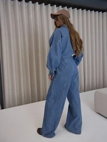 MUSERA Bộ jumpsuit denim tay phồng dáng rộng ống loe, chi tiết đường may, phong cách đường phố sang trọng, gợi cảm, thích hợp cho mùa thu thu, đi chơi đêm, xuân hè. - Rửa trung bình - Xem 2