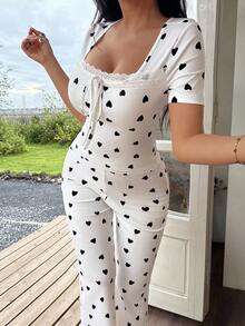 SHEIN Women's Casual Heart Print Square Neck Tight Top And Flare Pants Pajama Set Cute Lounge Set Women Pajama Set Heart Pajama Set Summer Lounge Sets For Women Two Pieces Sleepwear Set - Multicolor - View 5