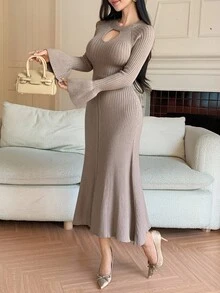 DAZY 女款優雅純色喇叭袖針織洋裝，秋季長袖上衣 - 酒紅色 - 查看 6