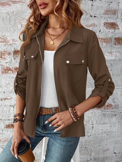 EMERY ROSE Women's Casual Loose Solid Color Zip-Up Shirt, Versatile Daily Wear Brown Casual Jacket Women Brown Jacket Women Women Brown Zip Up Jacket Women Brown Shirt Jacket Lightweight Brown Jacket Women,Brown Top