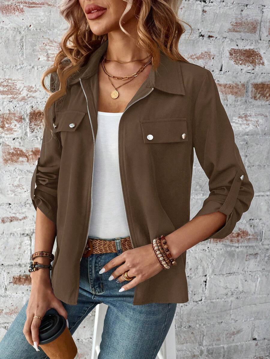 EMERY ROSE 女士休闲宽松纯色拉链衬衫，百搭日常穿着棕色休闲夹克女士棕色夹克女士女士棕色拉链夹克女士棕色衬衫夹克轻便棕色夹克女士 - 咖啡棕 - 查看 1