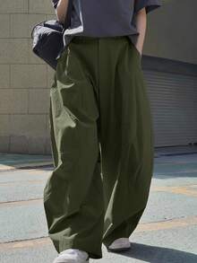 Claim Dot 男士纯色宽松休闲裤带口袋，百搭日系大码裤子，韩版裤子，秋季 - 軍綠色 - 查看 5