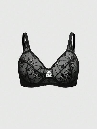 ROMWE Plus Size Gothic Skeleton, Spider Web, Bat Metal Pendant Underwire Bra