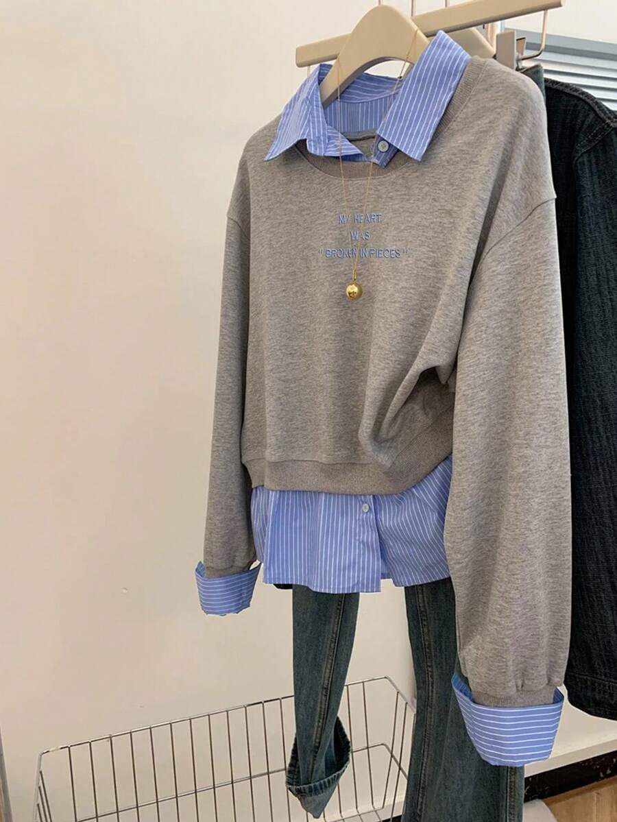 INAWLY 女士字母条纹印花休闲长袖套头衫