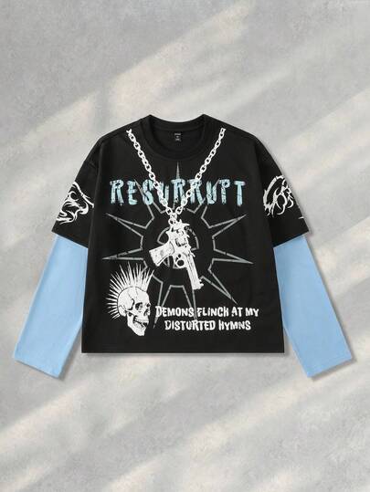 Street Life Men's Patchwork 2 In 1 Print Long Sleeve T-Shirt, Loose Cropped Style, For Fall