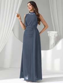 Coutiva Luxury Sequin & Pearl Collar Evening Gown, High-End Formal Dress With Elegant Vibe