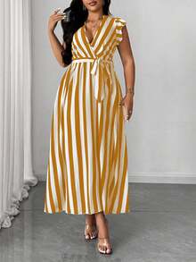 Maweii Plus Size Women Striped Overlap V-Neck Cap Sleeve Casual Dress - Orange - View 6