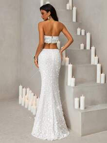 Vowa Modisch, sexy, avantgardistisch, mini, mesh, glänzend, weißes Pailletten-Gewebe, trägerlos, rückenfreie Bindung, Fischschwanz-Saum, schleppend, geeignet für Nachtclub, Party, Urlaub, Cocktailkleid