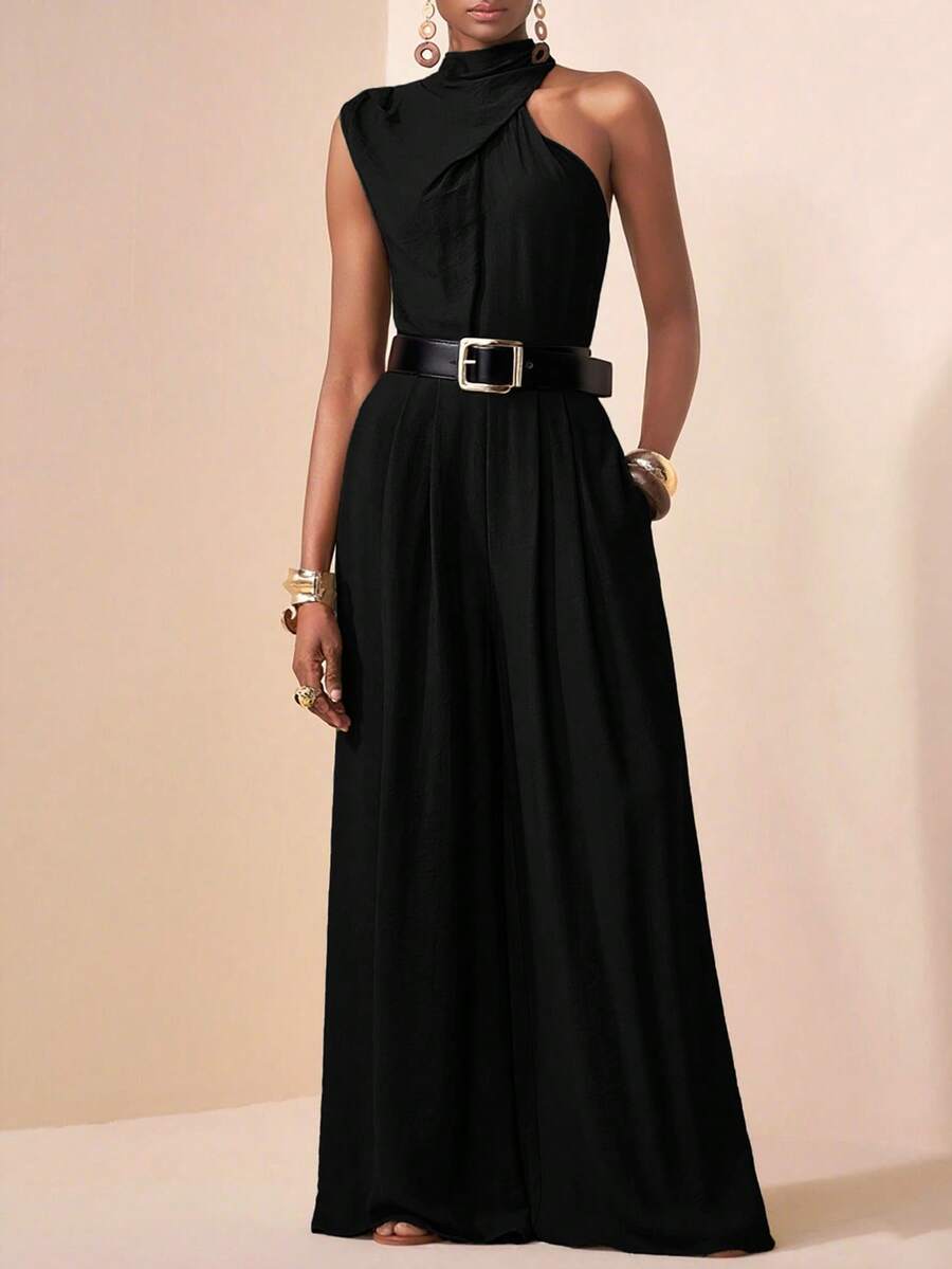 Zivah 2025新款休闲度假日常约会通勤优雅沙滩邮轮派对简约网红爆款高领毛领无袖一字肩宽松连体裤阔腿裤超长裤带口袋军绿色女连体裤