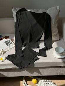 SHEIN EZwear 2 件套女士黑色休闲长袖上衣和短裤套装，夏季 - 黑色 - 查看 2