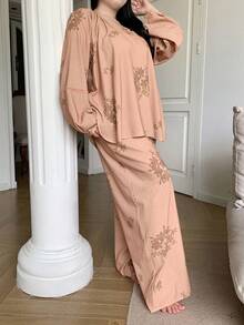 Dazy Plus 2 件大码女式宽松休闲睡衣套装，时尚家居服，适合户外穿着，秋季服装 - 卡其色 - 查看 1