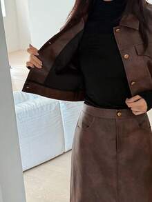 DAZY 女士秋冬PU皮单排扣背心和裙子两件套 - 咖啡棕 - 查看 7