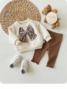 Newborn Baby Girl's Girls White Autumn Set,Leopard Print 3D Bow Knitted Sweatshirt And Thickened Elastic Waist Edge Winter Pants,Matching Family 2Pcs - Multicolor - View 4