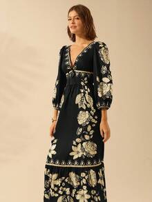 CAJUNI 女士热带花卉印花V领长袖露背长裙，度假风格 - 黑色 - 查看 4