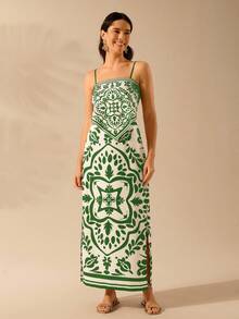 CAJUNI Váy dài xẻ tà in họa tiết Boho cổ điển thường ngày dành cho nữ - màu xanh lá - Xem 6