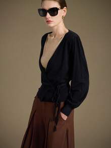 Ontre 2025秋冬新款黑色裹身系带侧蝴蝶结V领长袖针织开衫，现代优雅都市浪漫西部朋克Y2K乡村音乐节复古韩国机场旅行街头婚礼嘉宾生日万圣节商务休闲办公室约会派对外出机场返校秋冬女装 - 黑色 - 查看 6