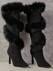 SHUZIA Giày bốt cao gót hở mũi bằng lông giả quyến rũ dành cho nữ, khóa kéo bên hông - màu đen - Xem 4