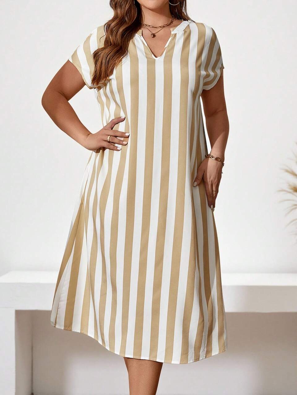 Plus Size Summer Casual Colorblock Striped Notched Neck Dress