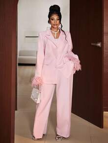 Maweii 大码女式纯色垫肩长袖袖口装饰优雅西装外套+休闲裤两件套，适合优雅外出、通勤、春、秋、冬穿着。 - 粉色 - 查看 1