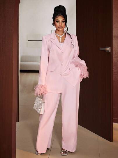 Maweii Plus Size Women's Solid Color Padded Shoulder Long Sleeve Cuff Decor Elegant Blazer + Casual Pants 2 Piece Set, Suitable For Elegant Outings, Commuting, Spring, Autumn, Winter