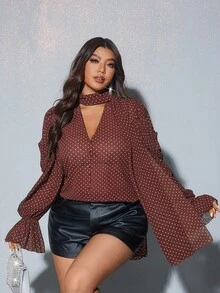 Viva Relle 大码女士优雅棕色波点印花系领荷叶袖衬衫，秋季派对诗人衬衫 - 棕色 - 查看 6