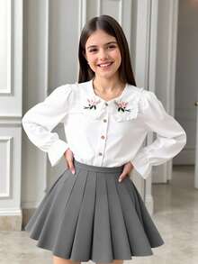 Tween Girl Embroidery Statement Collar Flounce Sleeve Shirt - White - View 6