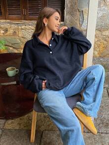 DAZY 女式宽松 Polo 领亮面面料长袖运动衫 - 藏蓝色 - 查看 5