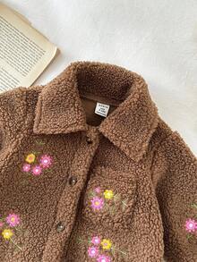 SHEIN Baby Girl Thick Fleece Embroidered Flower Collar Long Sleeve Jacket, Autumn/Winter Fall - Coffee Brown - View 4