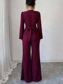 Elenzga Women's Elegant Burgundy Crossover Tie-Waist Floral Patchwork French Chic A-Line Long Sleeve Blouse And Flared Pants 2 Pieces Set, Spring/Autumn - Burgundy - View 2