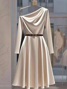 SHEIN Franclia Đầm dài tay thắt eo kim loại thanh lịch dành cho nữ - Màu be - Xem 3