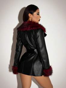 SHEIN ICON Áo khoác dạ dạ hội bằng da mềm mại màu tương phản màu đen Gothic Halloween dành cho nữ, thời trang đi làm, lông giả, chắp vá, mùa đông - màu đen - Xem 2