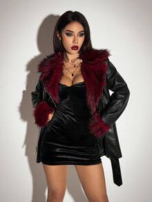 SHEIN ICON Áo khoác dạ dạ hội bằng da mềm mại màu tương phản màu đen Gothic Halloween dành cho nữ, thời trang đi làm, lông giả, chắp vá, mùa đông - màu đen - Xem 4