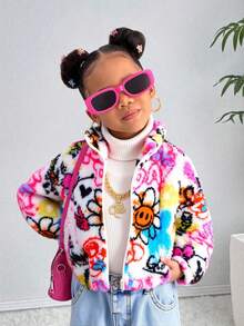 SHEIN Girl's Knitted Fluffy Letter & Graffiti Pattern Loose Hoodie Jacket,In Fall/Winter - Multicolor - View 2