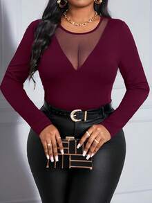 SHEIN Lady 2025 New Spring And Summer Autumn And Winter Elegant Burgundy  Knitted Round Neck Long Sleeve Contrast Mesh Plus Size T-Shirts Halloween Plus Halloween Clothes Women Sheer Classy For Women Elegant Bodysuits For Women Long Sleeve Elegant 2 Piece Set 2 Piece Sets Curvy Curve 2 Piece Outfits 2 Piece Sets Woman Classyparty Top  Halloween Costumes Christmas Clothes