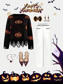 EMERY ROSE Pulover scurt supradimensionat de Halloween, mărime plus, cu design la margini zdrențuite, model de dovleac care adaugă o notă de mister hainei - Multicolor - Vizualizare 1