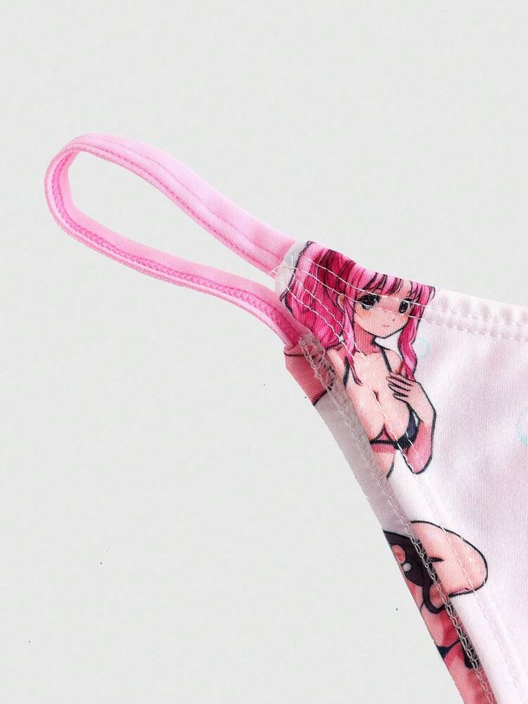 ROMWE Anime Inspired Soft Cup Lace-Up Swimsuit Lingerie Set, Plus Size, For Valentine's Day - Multicolor - View 4