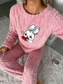 EURMUSE Women 2 Pcs Fuzzy Pelush With Cute Rabbit Embroidery Detail Homewear Pajama Set - Pink - View 6