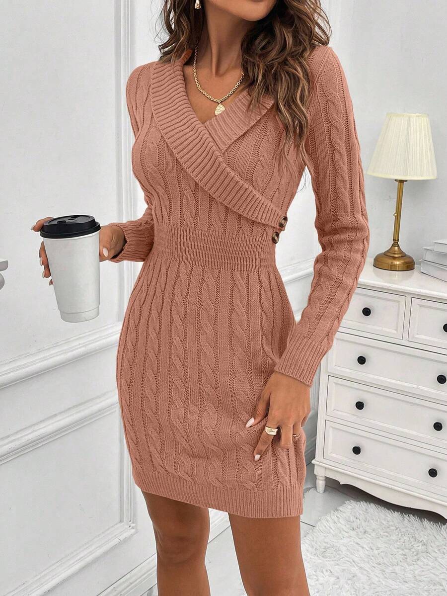 EMERY ROSE Elegant Women's Autumn Cable Pattern Long Sleeve Fitted Knit Dress - Coral Orange - View 1