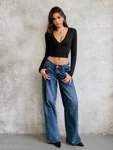 Lunelith SHEIN Lunessa T-shirt à manches longues ajusté avec col en V, patchwork en dentelle et imprimé léopard, pour tenue de printemps