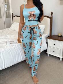 SHEIN 2pcs Cute Bear Print Camisole & Pants Pajama Set - Multicolor - View 4