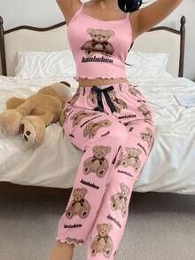 SHEIN 2pcs Cute Bear Print Camisole & Pants Pajama Set - Multicolor - View 6