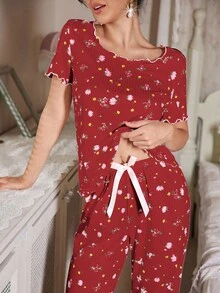Tulorae Bow Decor Floral Print Textured Knit Women Pajama Set - Red - View 3