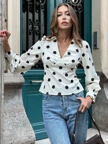 Pariaura Autumn And Winter French Fashion Casual Commuting Black Polka Dot Print Chest Split Design V-Neck Lantern Long Sleeves Closed Going Out Top Fall For Women Autumn Chic Social Going Out - Apricot - View 4